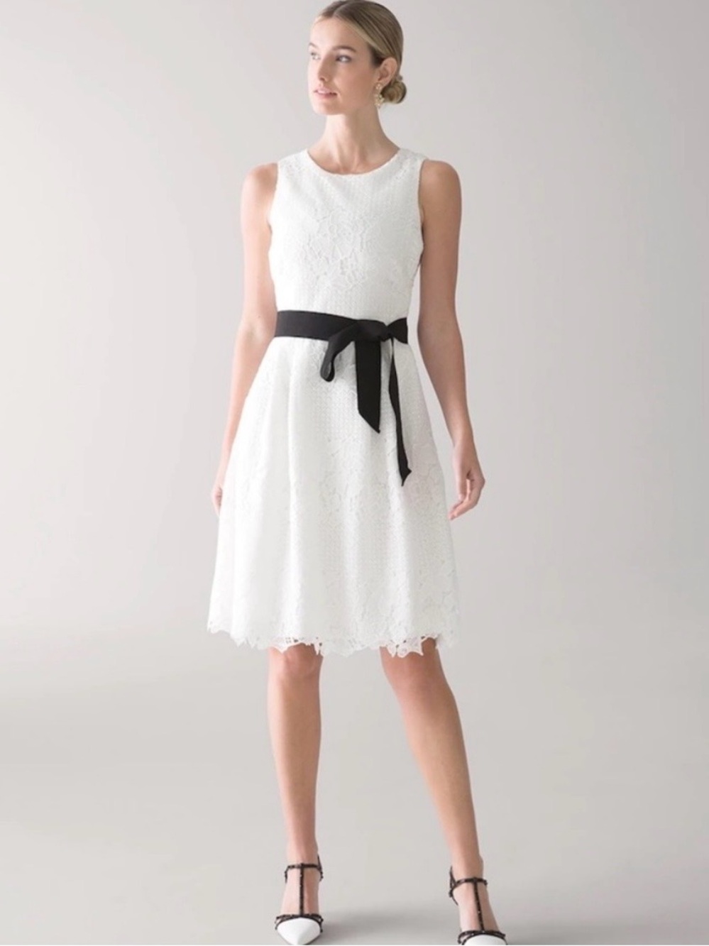 White House Black Market White Lace Sleeveless Dress with Black Waist Tie